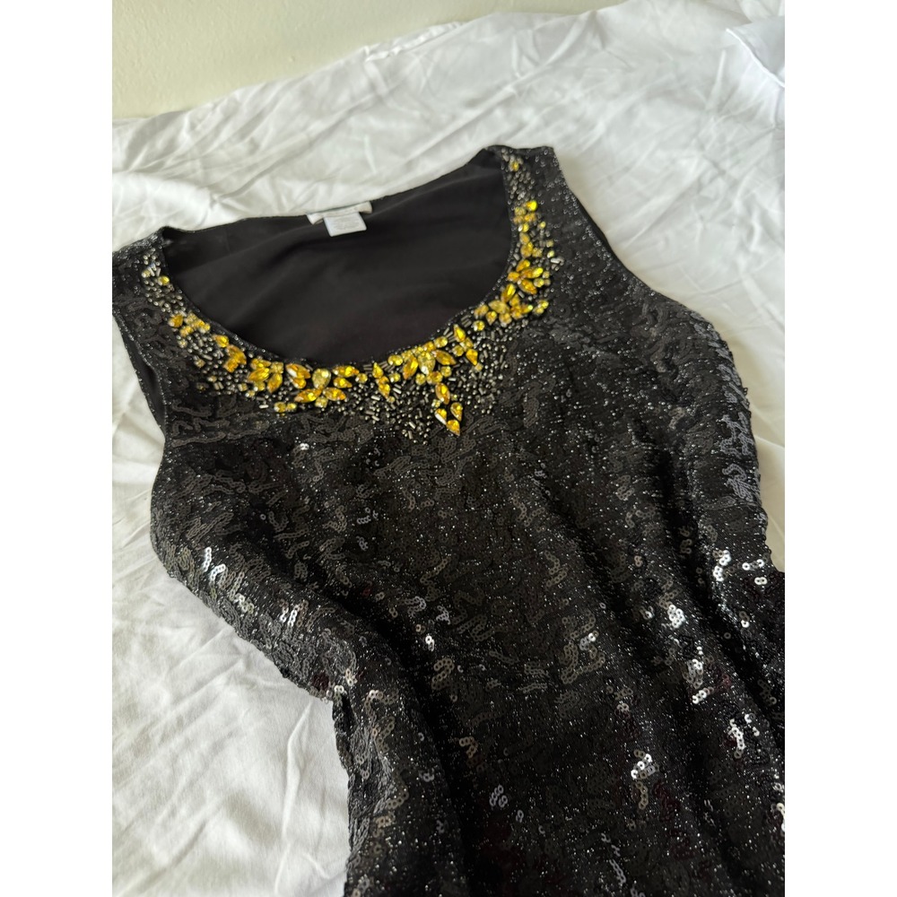 Vintage Y2K 2000s Cache Sequin Top Small Black Gemstone Embellished Neckline - Picture 2 of 8